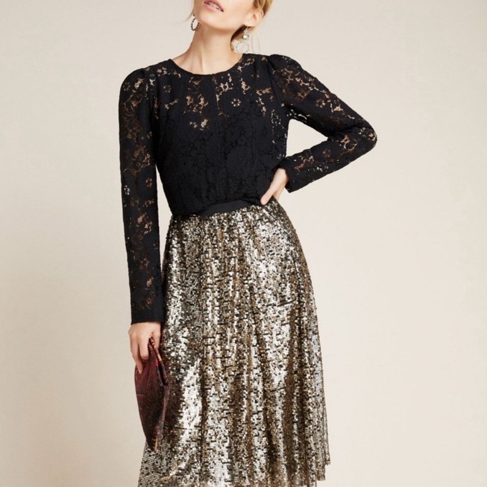 Maeve Silver and Gold Sequin Midi Skirt A-Line
